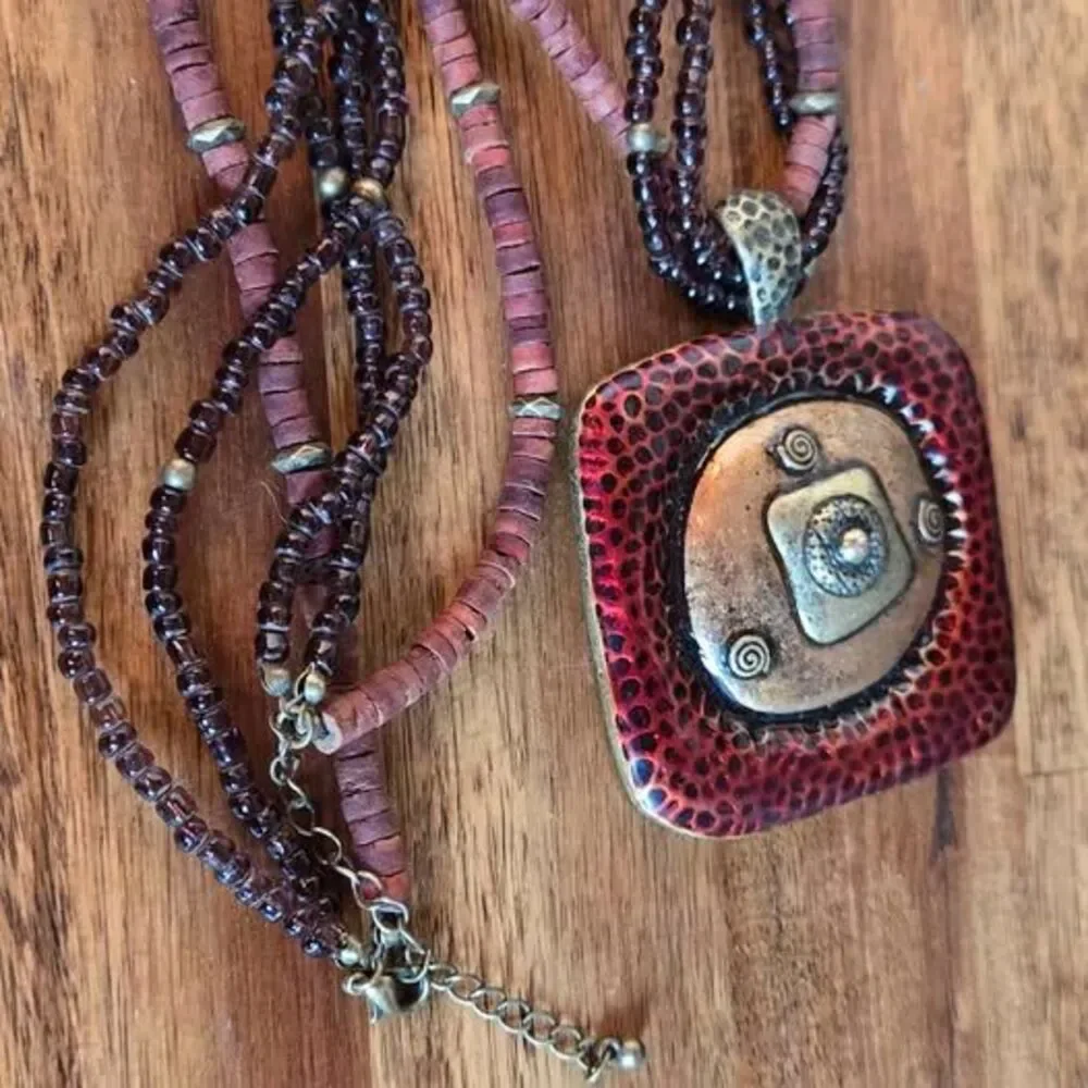 Boho Multi Strand Beaded Necklace Red Square Pendant Tribal Style Statement
